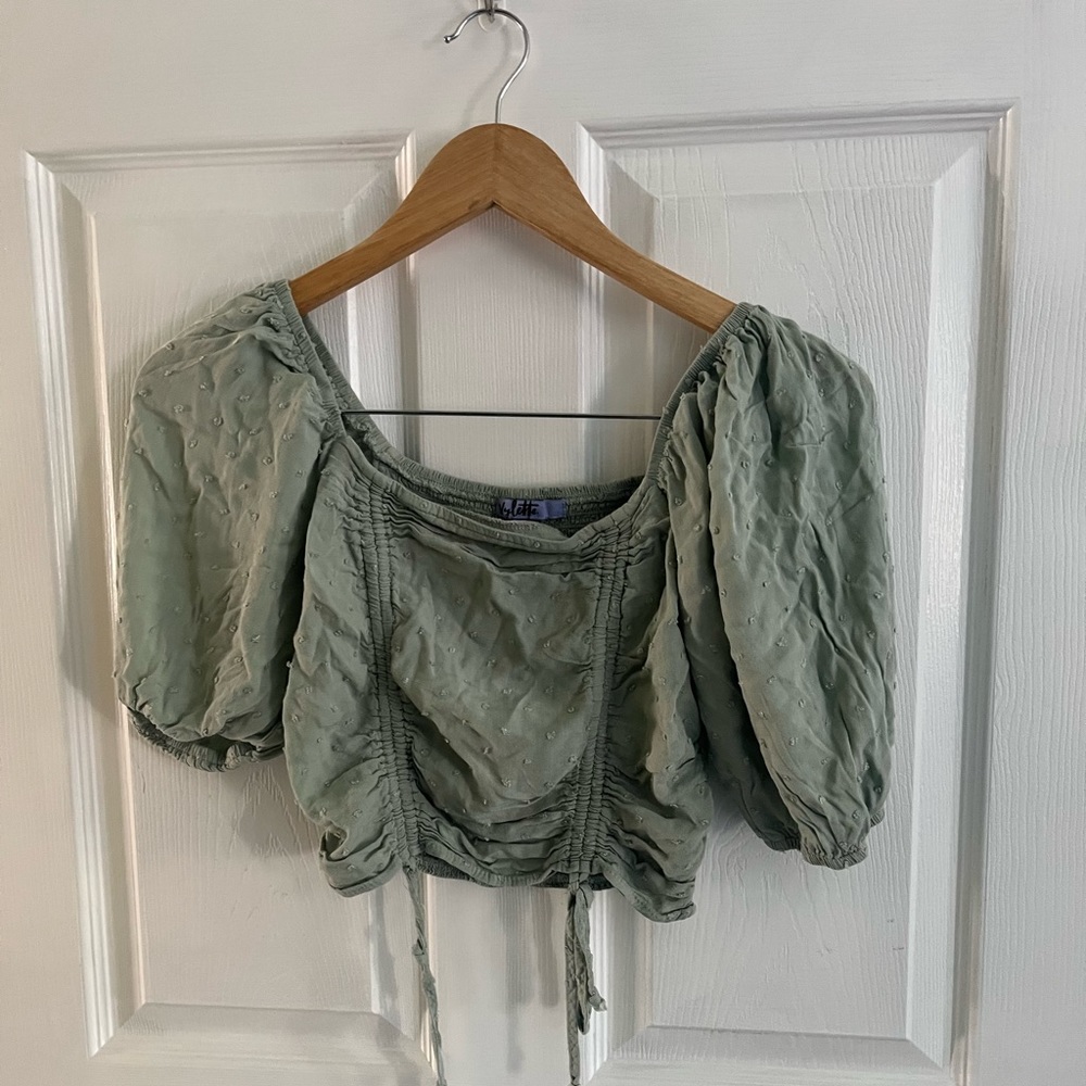 Sage Green Puff Sleeve Crop Top